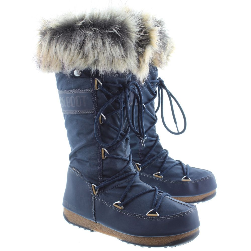 Moon Boot Ladies Waterproof Monaco Fur Moon Boots In Denim in Denim