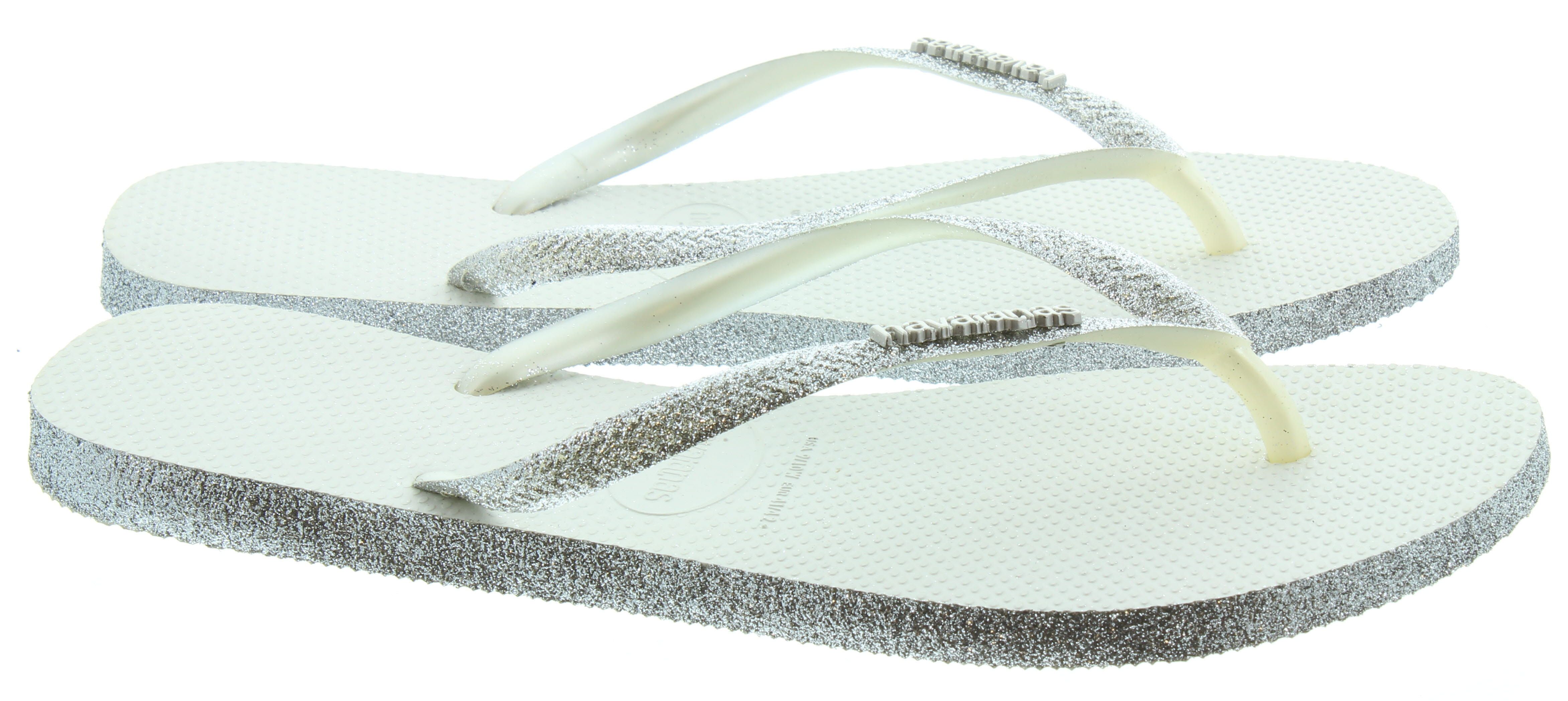Ladies Slim Sparkle Flip Flops In White