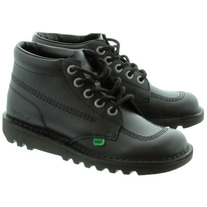 Kickers Leather Kick Hi Ladies Lace Boot in Black in Black