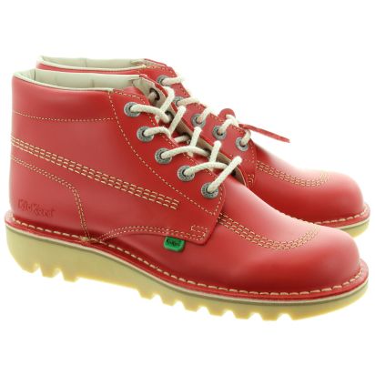 Kickers Leather Kick Hi Mens Lace Ankle Boots in Red in Red