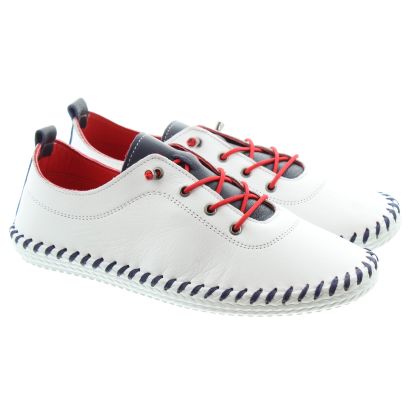LUNAR Ladies FLE030 St Ives Leather Slip On Shoes In White Multi