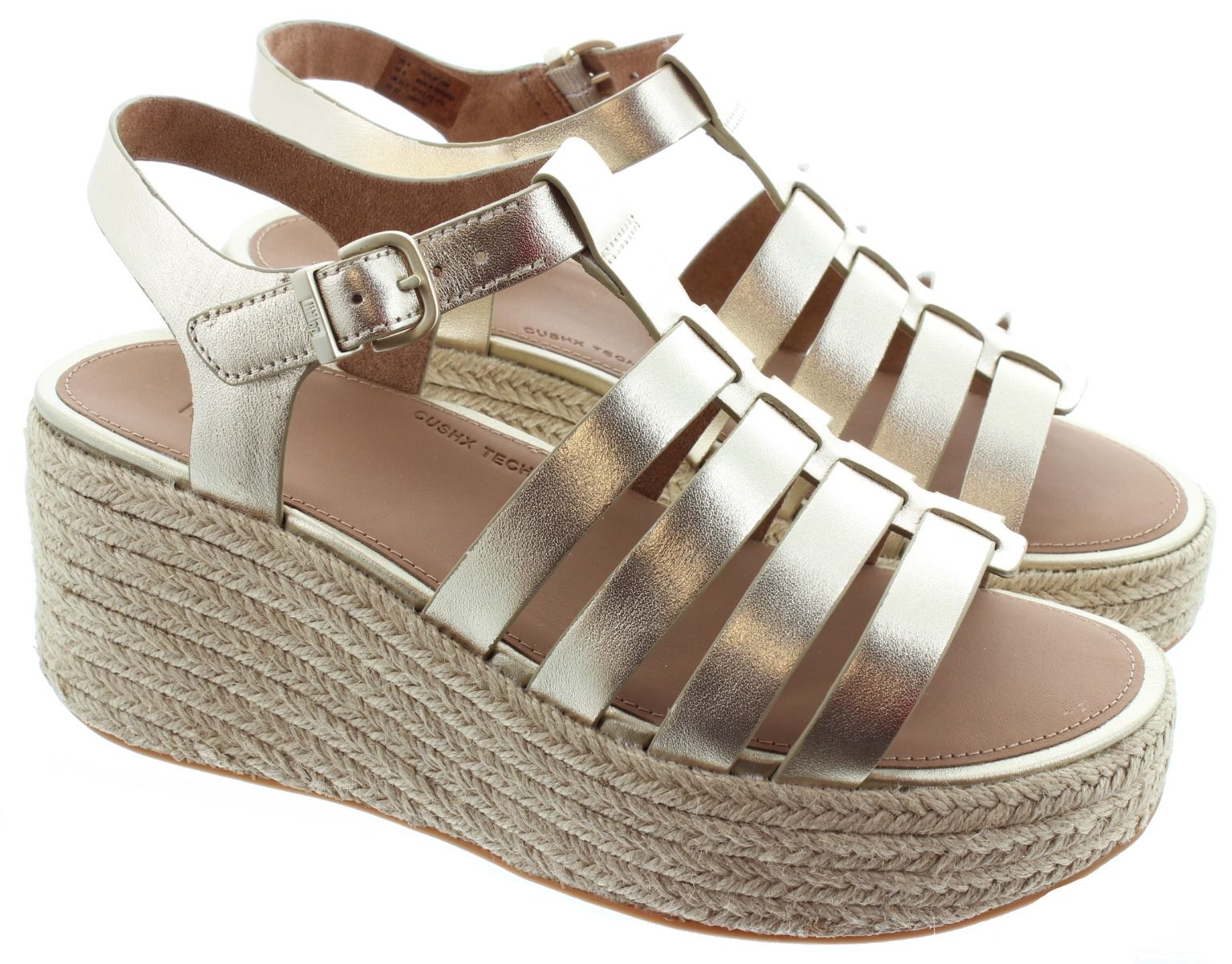 Ladies Platform Espadrille Leather Fisherman Wedge Sandals In Gold