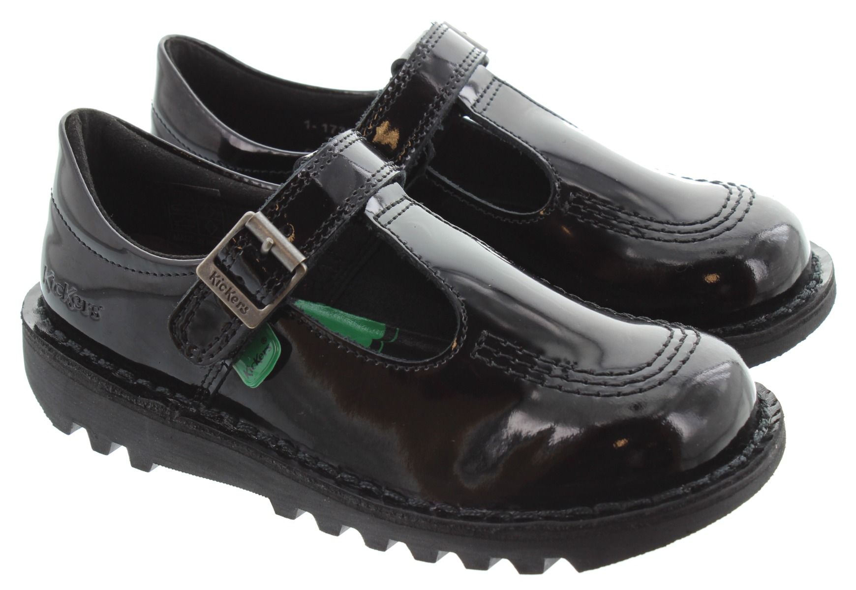 Kids Kick T Bar Velcro Shoes In Black Patent