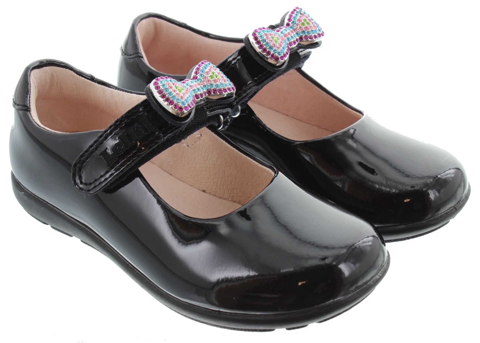 Kids LK8156 G Width Erin Bow Bar Shoes In Black Patent