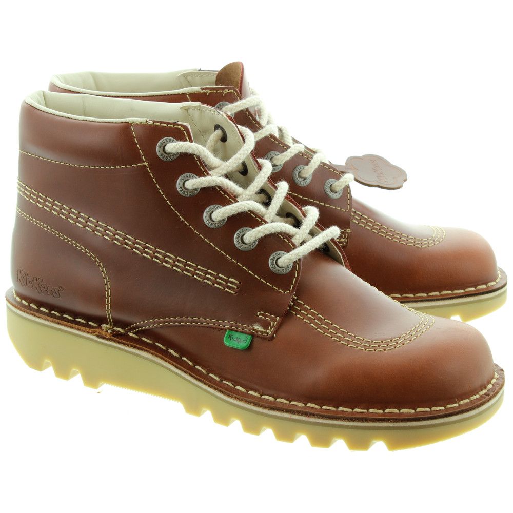 Kickers Leather Kick Hi Mens Lace Ankle Boots in Dark Tan in Dark Tan