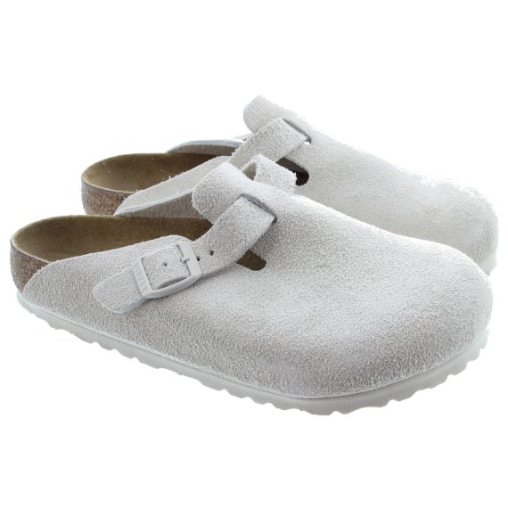 BIRKENSTOCK Ladies Suede Boston Mules In Antique White 