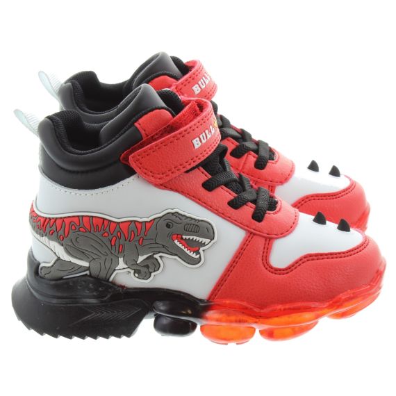 BULL BOYS Boys AL2201 T-Rex Hi Top Flashing Trainers In White Red 