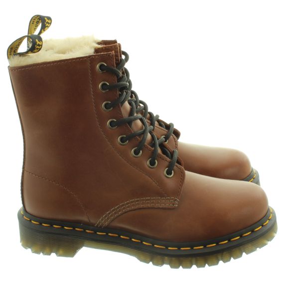 DR MARTENS Ladies 1460 Serena Faux Fur Ankle Boots In Tan 