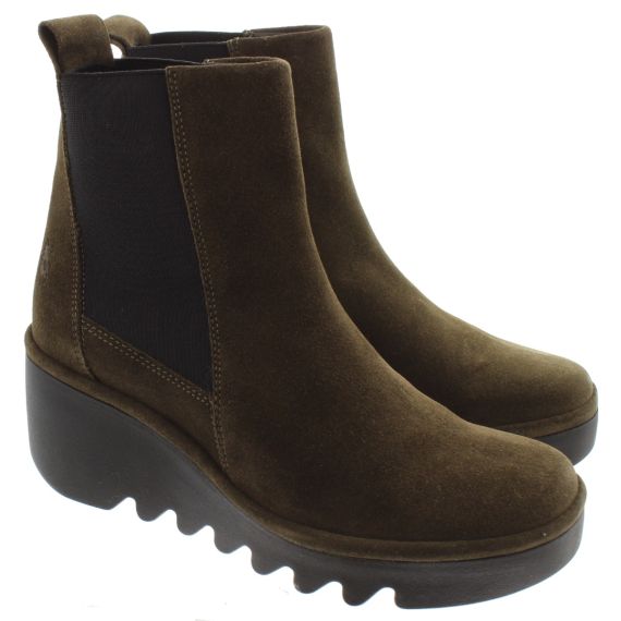 FLY Ladies Bagu Wedge Ankle Boots In Khaki Suede 