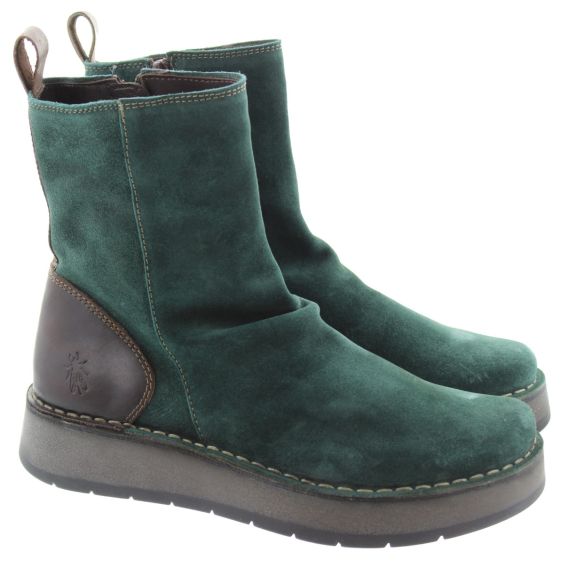 FLY Ladies Reno Flat Ankle Boot In Green Suede 