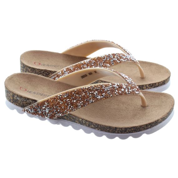 HEAVENLY FEET Ladies Crocus Glitter Flip Flop Sandals In Gold 