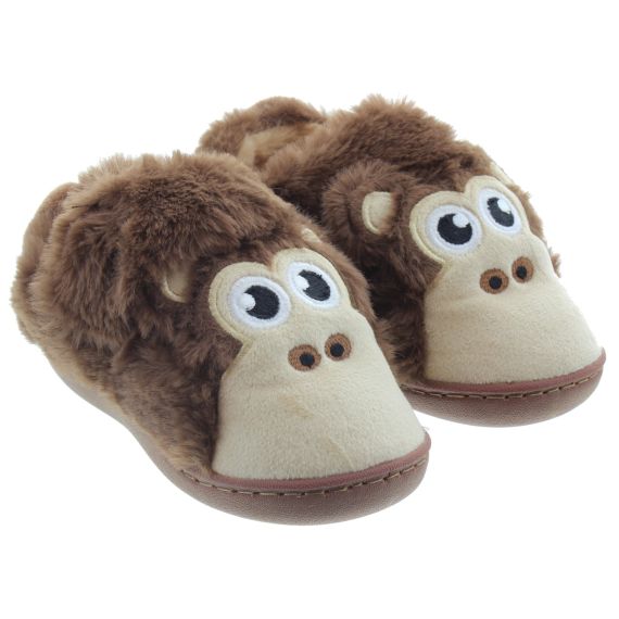 JUJU Kids Monty The Monkey Slippers In Brown 