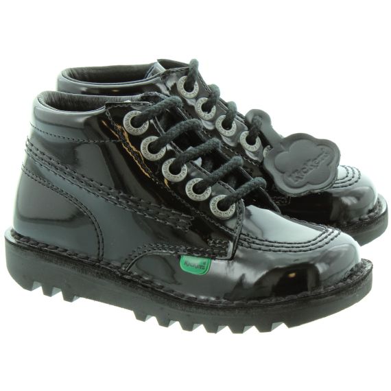 KICKERS Youths Leather Kick Hi Boots in Black Patent