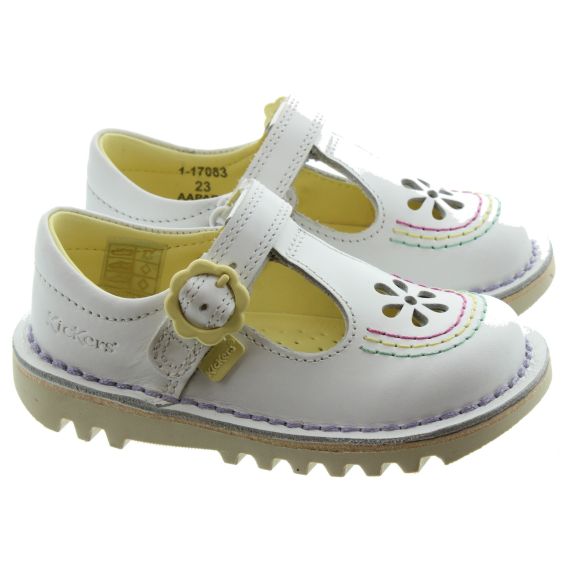 KICKERS Kids Kick T Bar Flower Shoes In White 