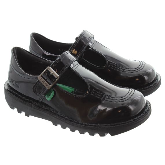 KICKERS Kids Kick T Bar Velcro Shoes In Black Patent 