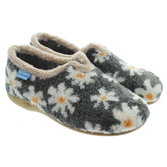 LUNAR Ladies Daisy Slippers In Grey 