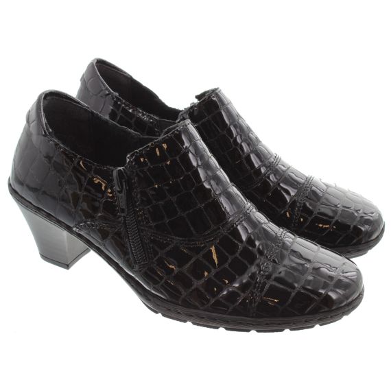 RIEKER Ladies 57173 Heeled Shoes In Black Patent Croc Print