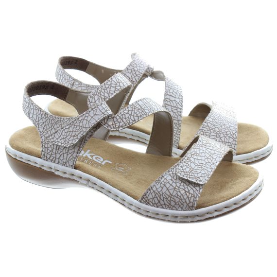 RIEKER Ladies 659C7 Flat Sandals In White Crackle 