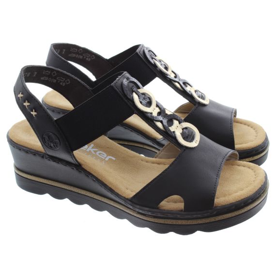 RIEKER Ladies 67498 Wedge Sandals In Black 