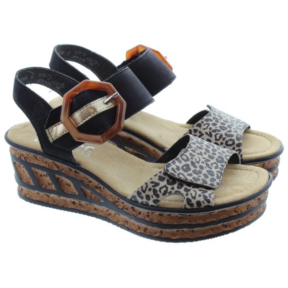 RIEKER Ladies 68176 Wedge Sandals In Leopard Print