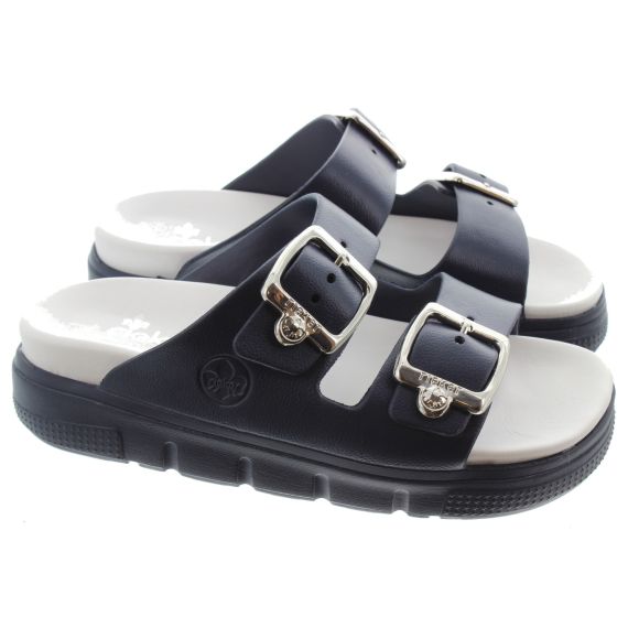 RIEKER Ladies P2180 Buckle Mules In Navy