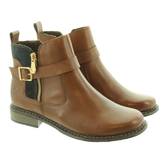 RIEKER Ladies Z4959 Flat Ankle Boots In Tan 