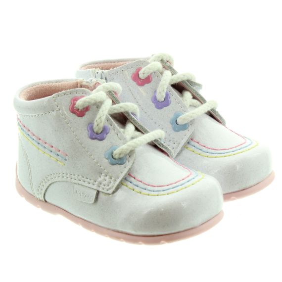 KICKERS Babies Kick Hi Fleur Boots In White Patent