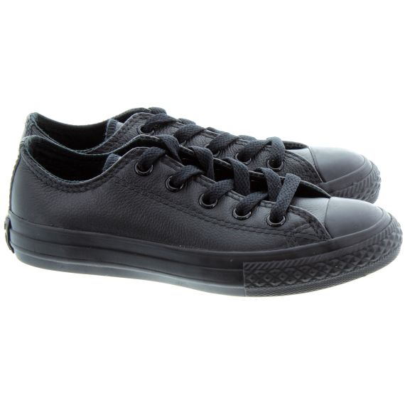 Converse Kids Leather Ox Lace Shoes in All Black in Black Black