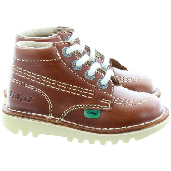 KICKERS Kids Leather Kick Hi Boots In Dark Tan