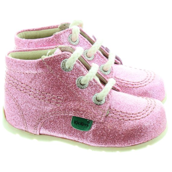 KICKERS Leather Kick Hi Baby Core Shoes In Pink Glitter