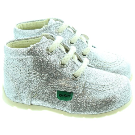 KICKERS Leather Kick Hi Baby Core Shoes In Silver Glitter
