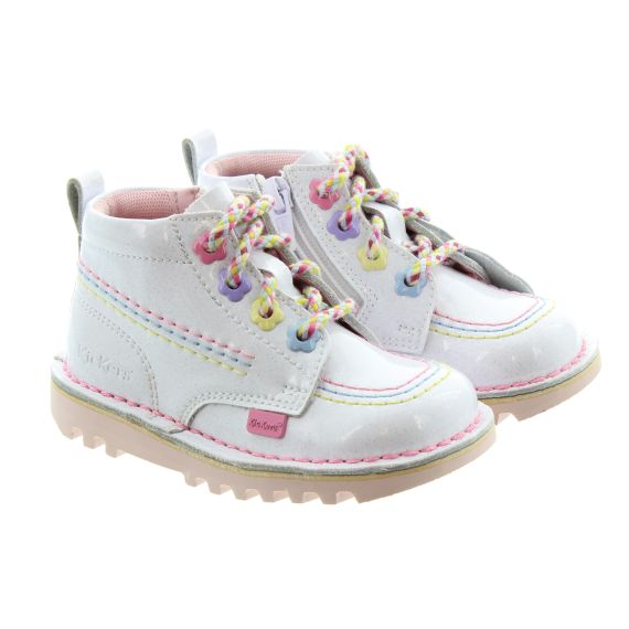 KICKERS Kids Kickhi Fleur Kids Boots In White Patent Shimmer
