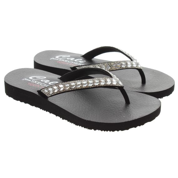 SKECHERS Ladies 119649 Meditation Toe Post Sandals In Black Silver 