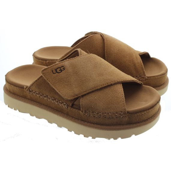 UGG Ladies Goldenstar Cross Slides In Chesnut