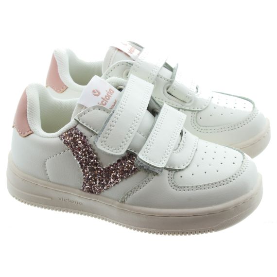 VICTORIA Kids Madrid Velcro Trainers In White And Pink Glitter
