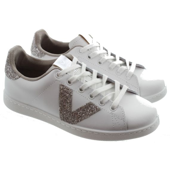 VICTORIA Ladies Tenis Leather Sneakers In White And Silver Glitter 