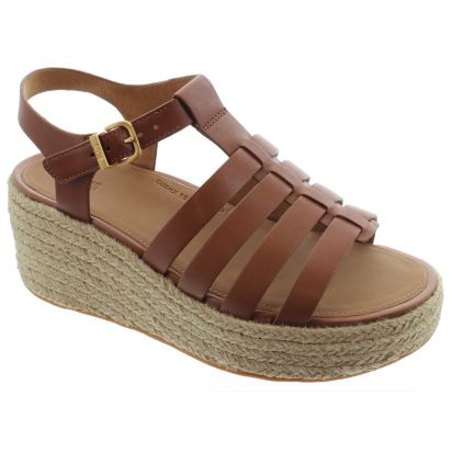 Ladies Platform Espadrille Leather Fisherman Wedge Sandals In Tan