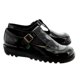 Kickers Ladies Kick Lo Aztec T Bar Shoes In Black Patent in Black Patent