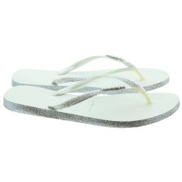 Ladies Slim Sparkle Flip Flops In White