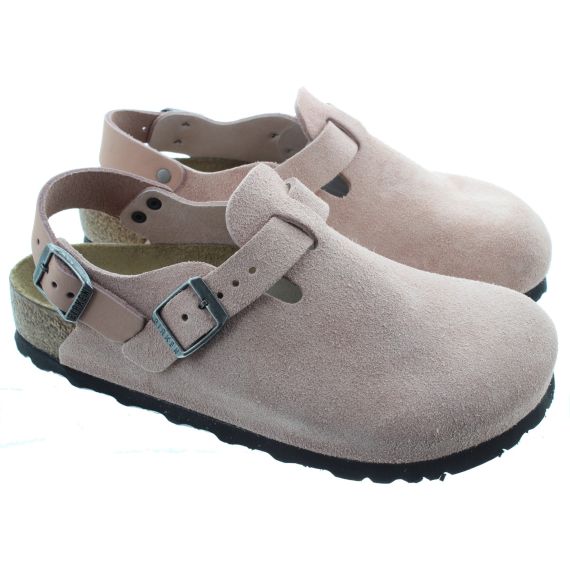 BIRKENSTOCK Ladies Tokio Back Strap Clogs In Pink Clay Suede