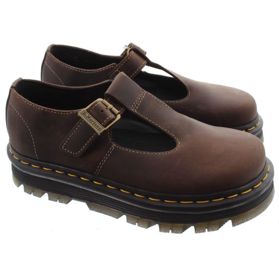 DR MARTENS Ladies Zebzag T Bar Shoes In Brown 