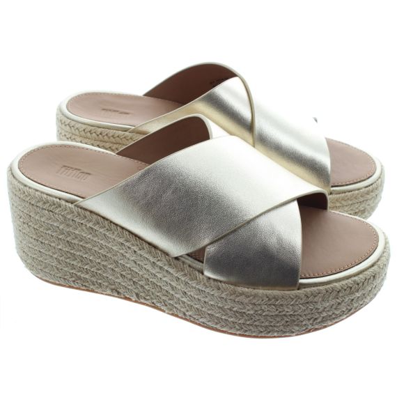 FITFLOP Ladies PLATFFORM Espadrille Leather Wedge Cross Slides In Gold