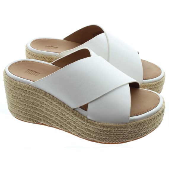 FITFLOP Ladies PLATFFORM Espadrille Leather Wedge Cross Slides In White