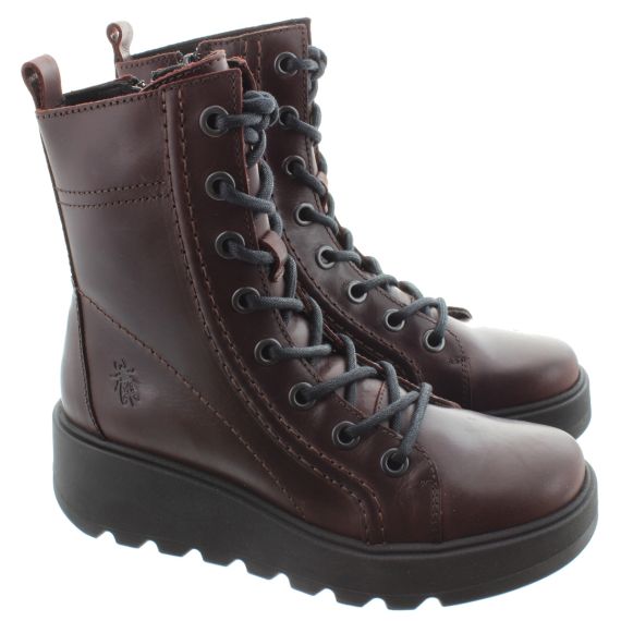 FLY Ladies Tery Wedge Lace Ankle Boots In Wine