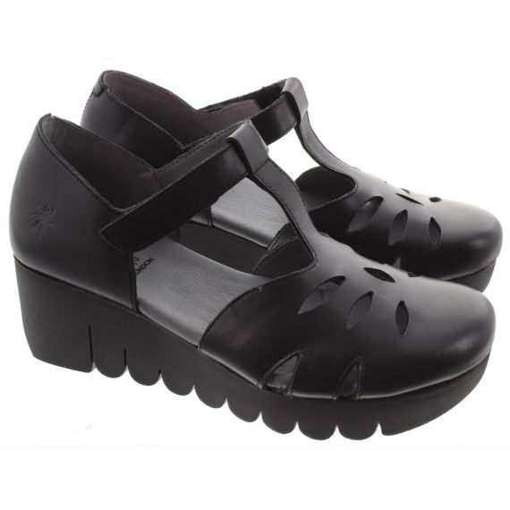 FLY Ladies Velt T-Bar Wedge Shoes In Black