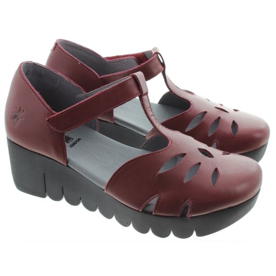FLY Ladies Velt T Bar Wedge Shoes In Burgundy