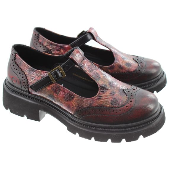 HEAVENLY FEET Ladies Cradle T-Bar Shoes In Black/ Burgundy