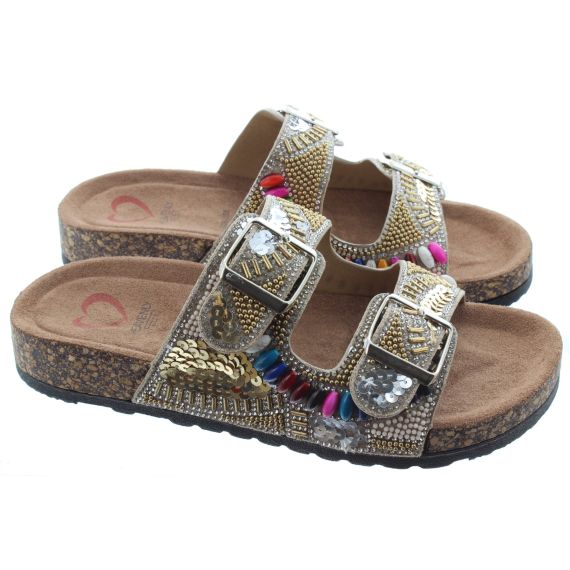 HEAVENLY FEET Ladies Jess Glitzy 2 Bar Mules In Beige