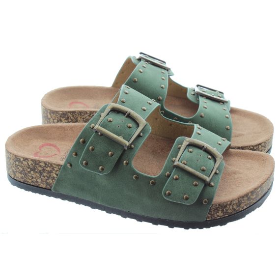 HEAVENLY FEET Ladies Polly Stud 2 Bar Mules In Forest Green