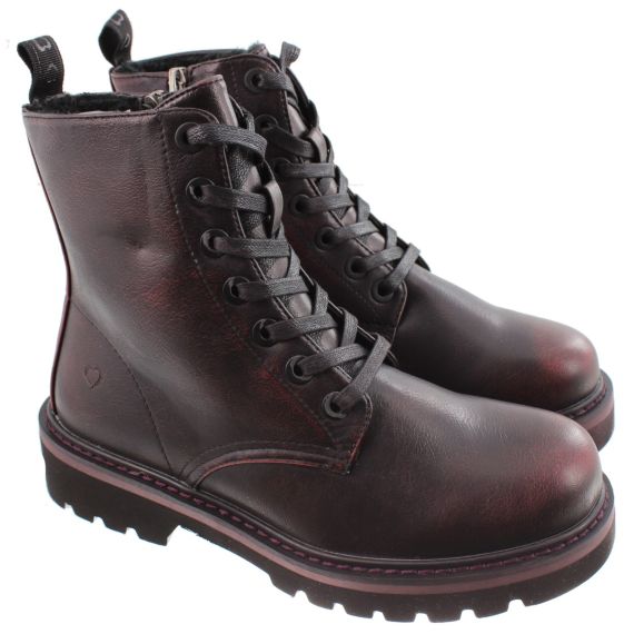 HEAVENLY FEET Ladies Savannah Lace Ankle Boot In Black/ Burgundy Rub-Off